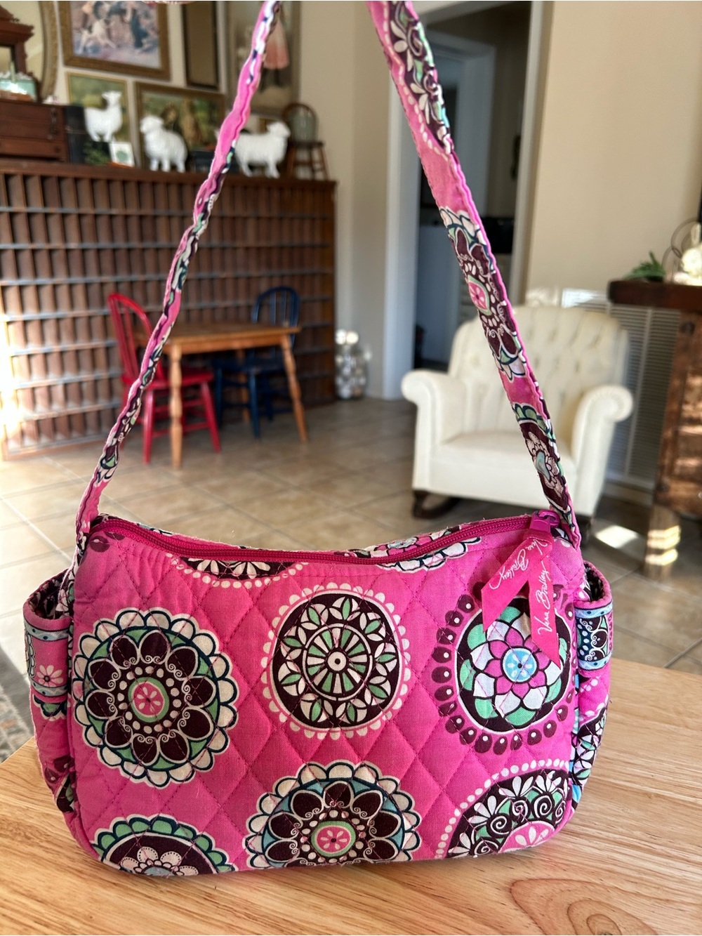 Vera Bradley retired Maggie handbag in the "Cupcakes Pink" pattern. Retired.